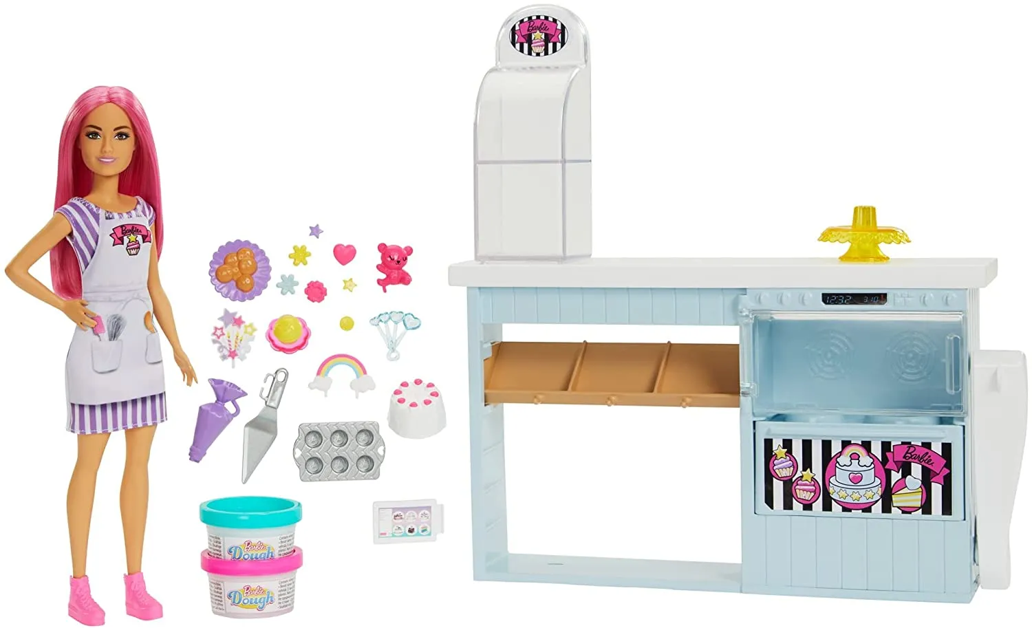 Barbie Toys Barbie Bakery Playset with 12 in Petite Doll, Pink Hair, Bakery Station, Cake Ma