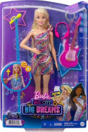 Barbie Toys Barbie: Big City, Big Dreams Singing Barbie Malibu Roberts Doll (11.5-in Blonde) with Music, Light-Up Feature, Microphone & Accessories