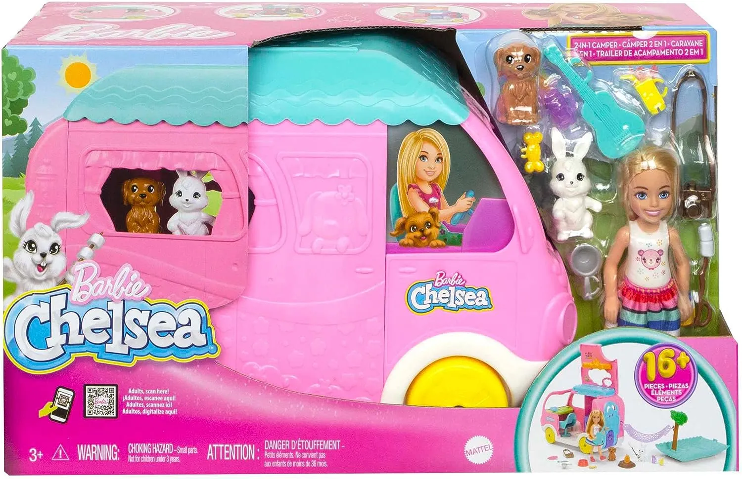 Barbie Toys Barbie Camper, Chelsea 2-in-1 Playset with Small Doll, 2 Pets & 15 Accessories