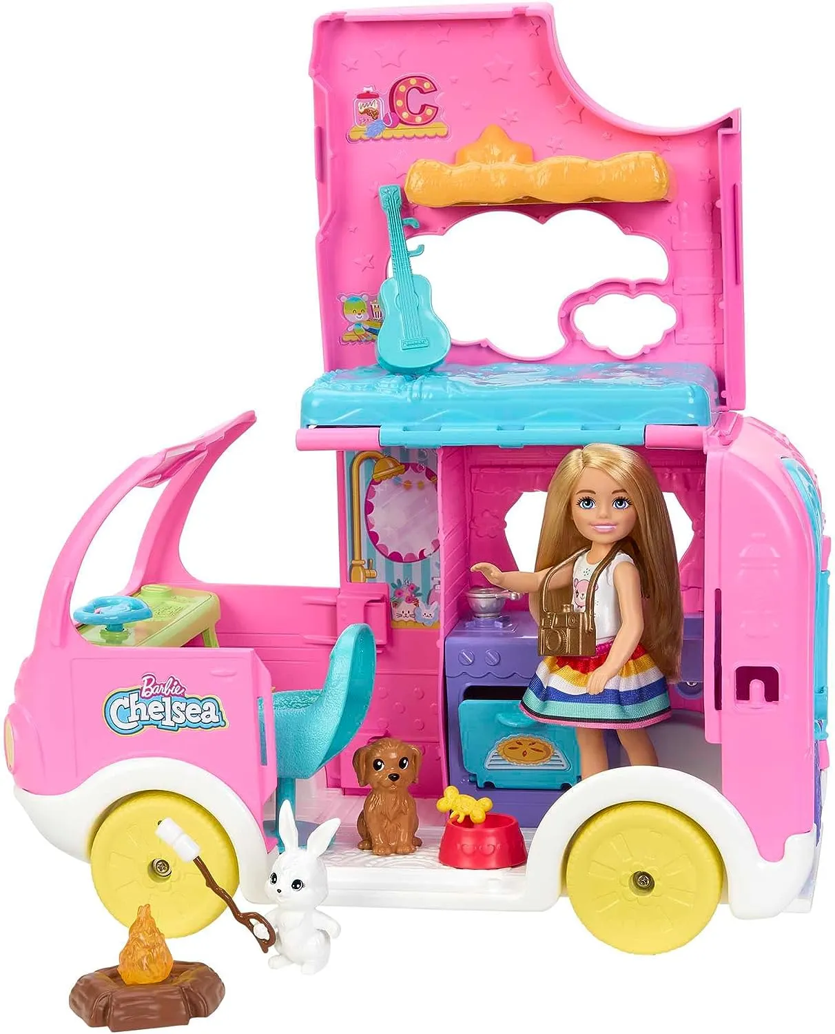 Barbie Toys Barbie Camper, Chelsea 2-in-1 Playset with Small Doll, 2 Pets & 15 Accessories