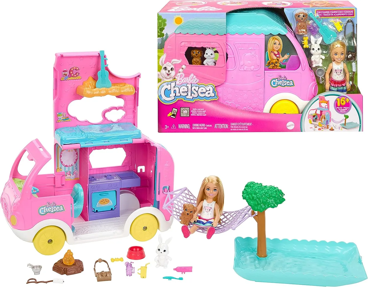 Barbie Toys Barbie Camper, Chelsea 2-in-1 Playset with Small Doll, 2 Pets & 15 Accessories