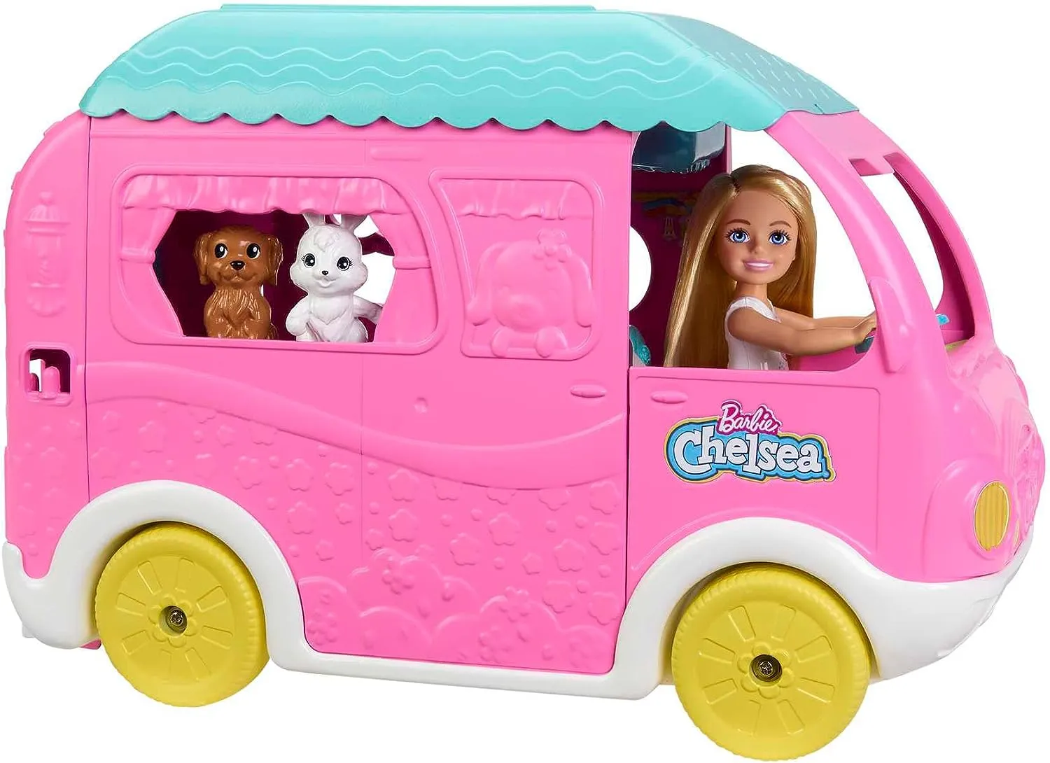 Barbie Toys Barbie Camper, Chelsea 2-in-1 Playset with Small Doll, 2 Pets & 15 Accessories