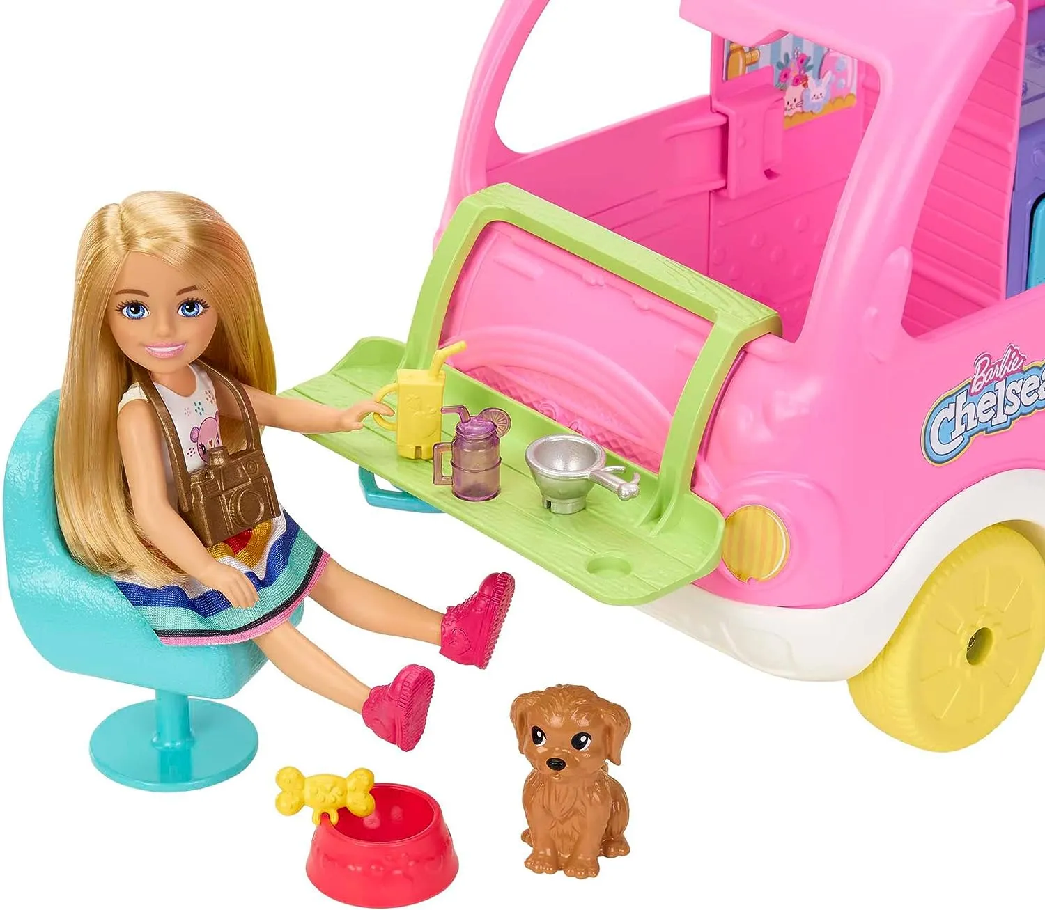 Barbie Toys Barbie Camper, Chelsea 2-in-1 Playset with Small Doll, 2 Pets & 15 Accessories