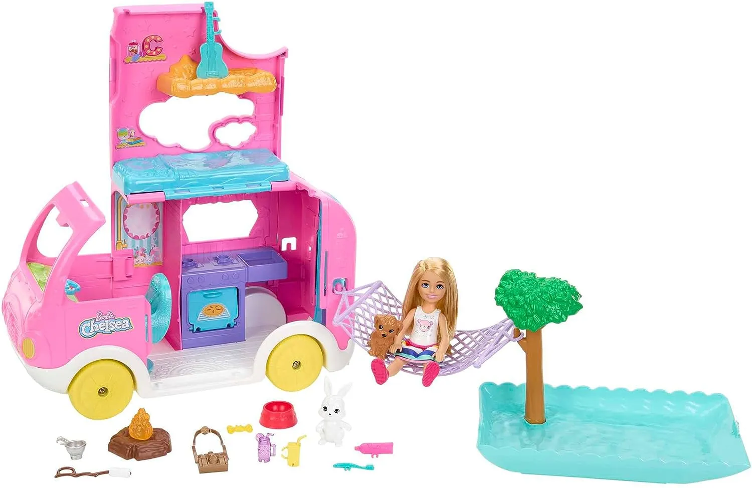 Barbie Toys Barbie Camper, Chelsea 2-in-1 Playset with Small Doll, 2 Pets & 15 Accessories