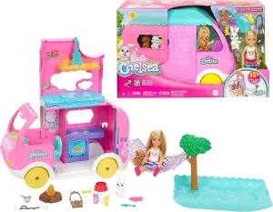 Barbie Toys Barbie Camper, Chelsea 2-in-1 Playset with Small Doll, 2 Pets & 15 Accessories