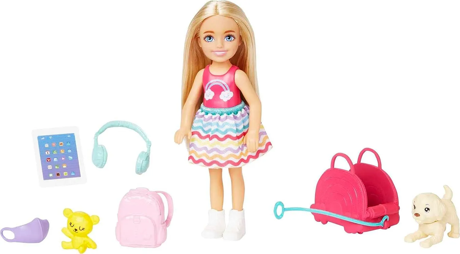 Barbie Toys Barbie Chelsea Doll & 6 Accessories, Travel Set with Puppy, Pet Carrier & Backpack