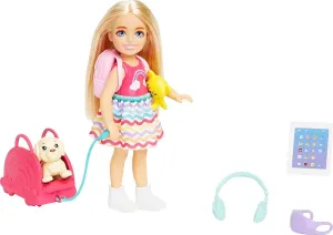 Barbie Toys Barbie Chelsea Doll & 6 Accessories, Travel Set with Puppy, Pet Carrier & Backpack
