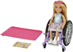 Barbie Toys Barbie Chelsea Doll & Wheelchair, with Chelsea Doll (Blonde), in Skirt & Sunglas