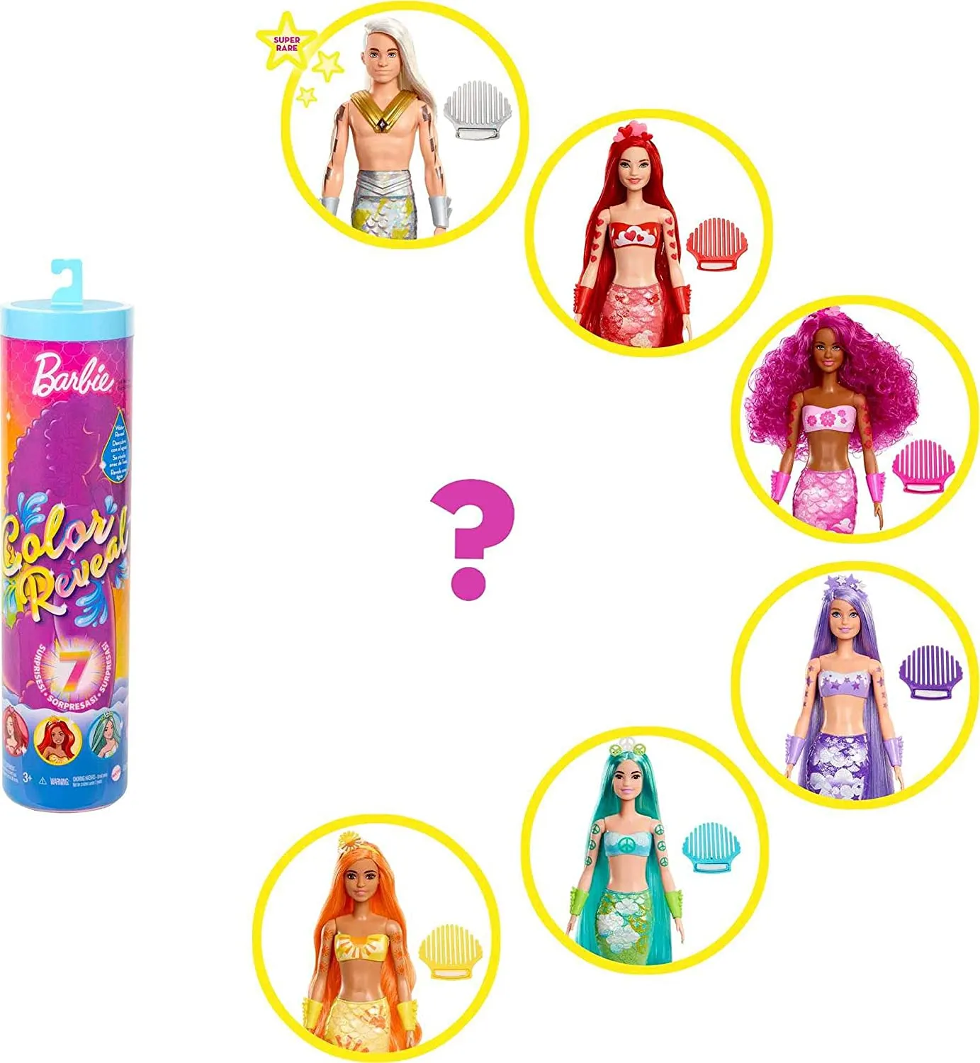 Barbie Toys Barbie Colour Reveal Mermaid Doll - Metallic Blue with Rainbows - 7 Surprises (HCC46)
