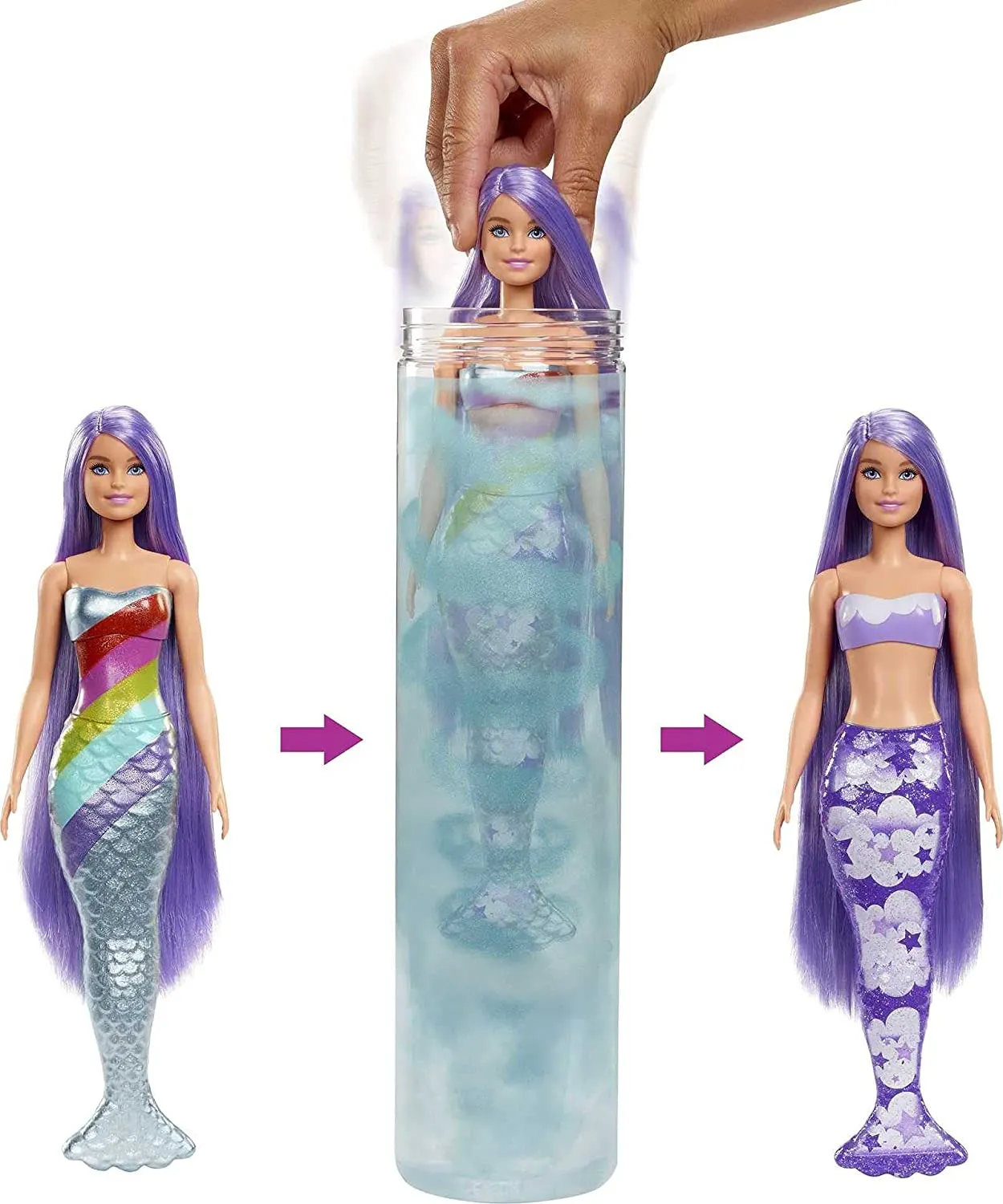 Barbie Toys Barbie Colour Reveal Mermaid Doll - Metallic Blue with Rainbows - 7 Surprises (HCC46)