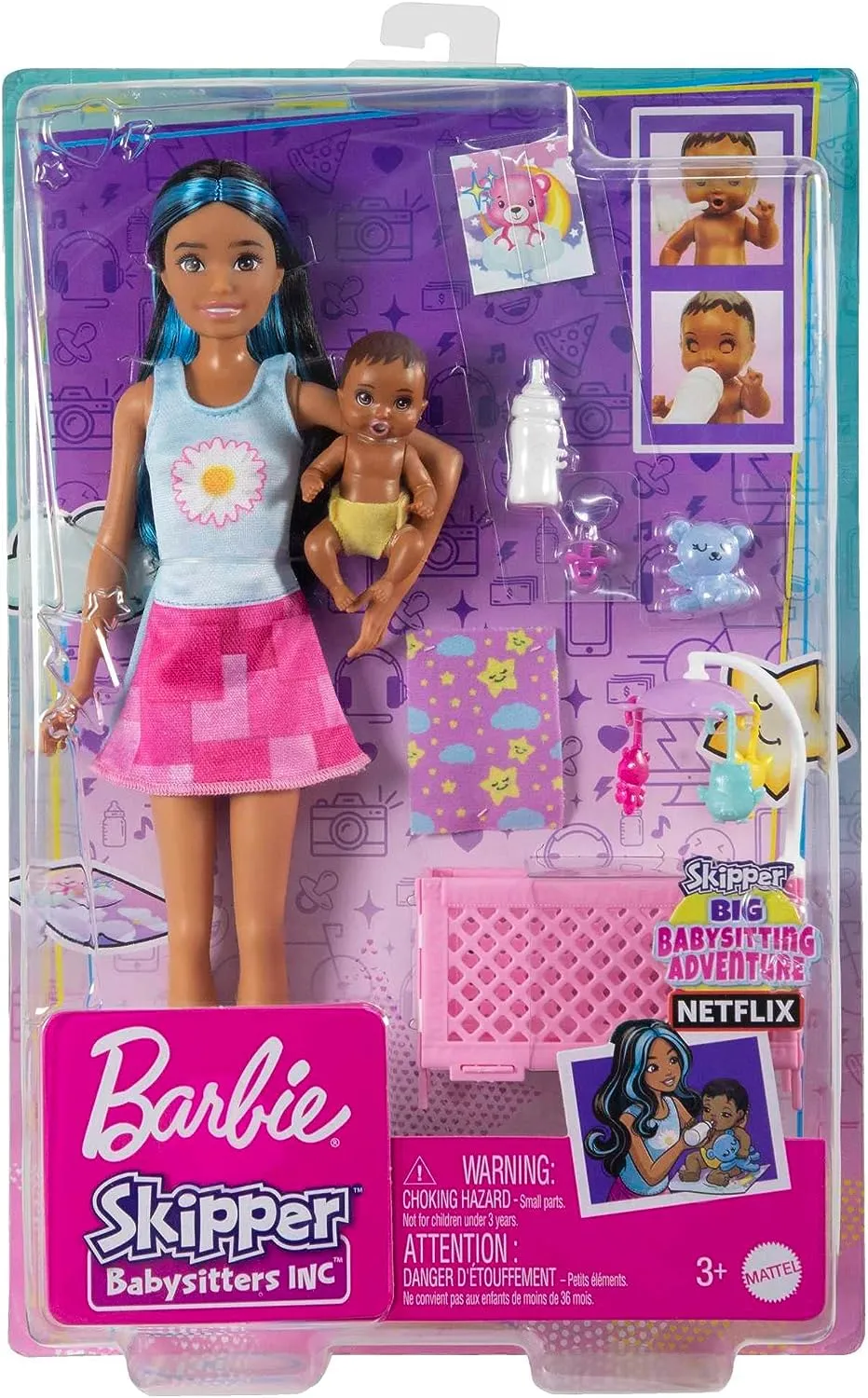 Barbie Toys Barbie Doll and Accessories, Crib Playset with Skipper Friend Doll, Baby Doll with Sleepy Eyes