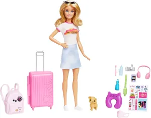 Barbie Toys Barbie Doll and Accessories, Malibu Travel Set with Puppy and 10  Pieces Including Working Suitcase