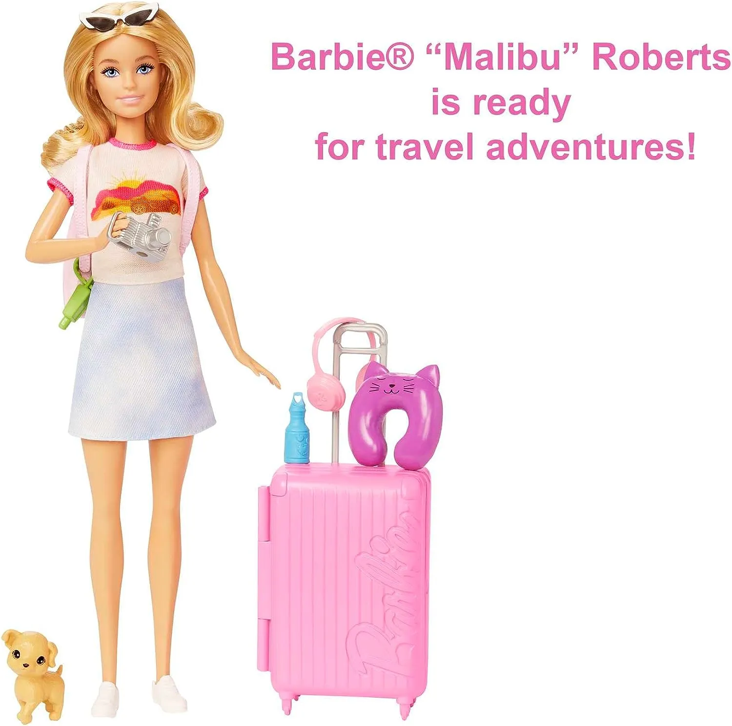 Barbie Toys Barbie Doll and Accessories, Malibu Travel Set with Puppy and 10  Pieces Including Working Suitcase
