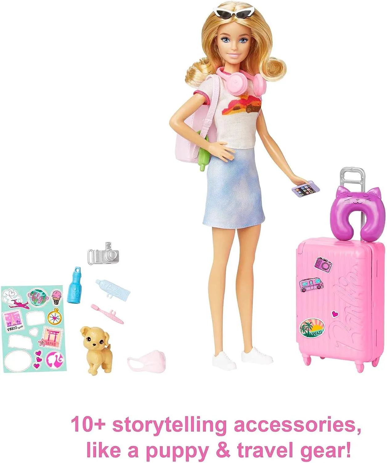 Barbie Toys Barbie Doll and Accessories, Malibu Travel Set with Puppy and 10  Pieces Including Working Suitcase