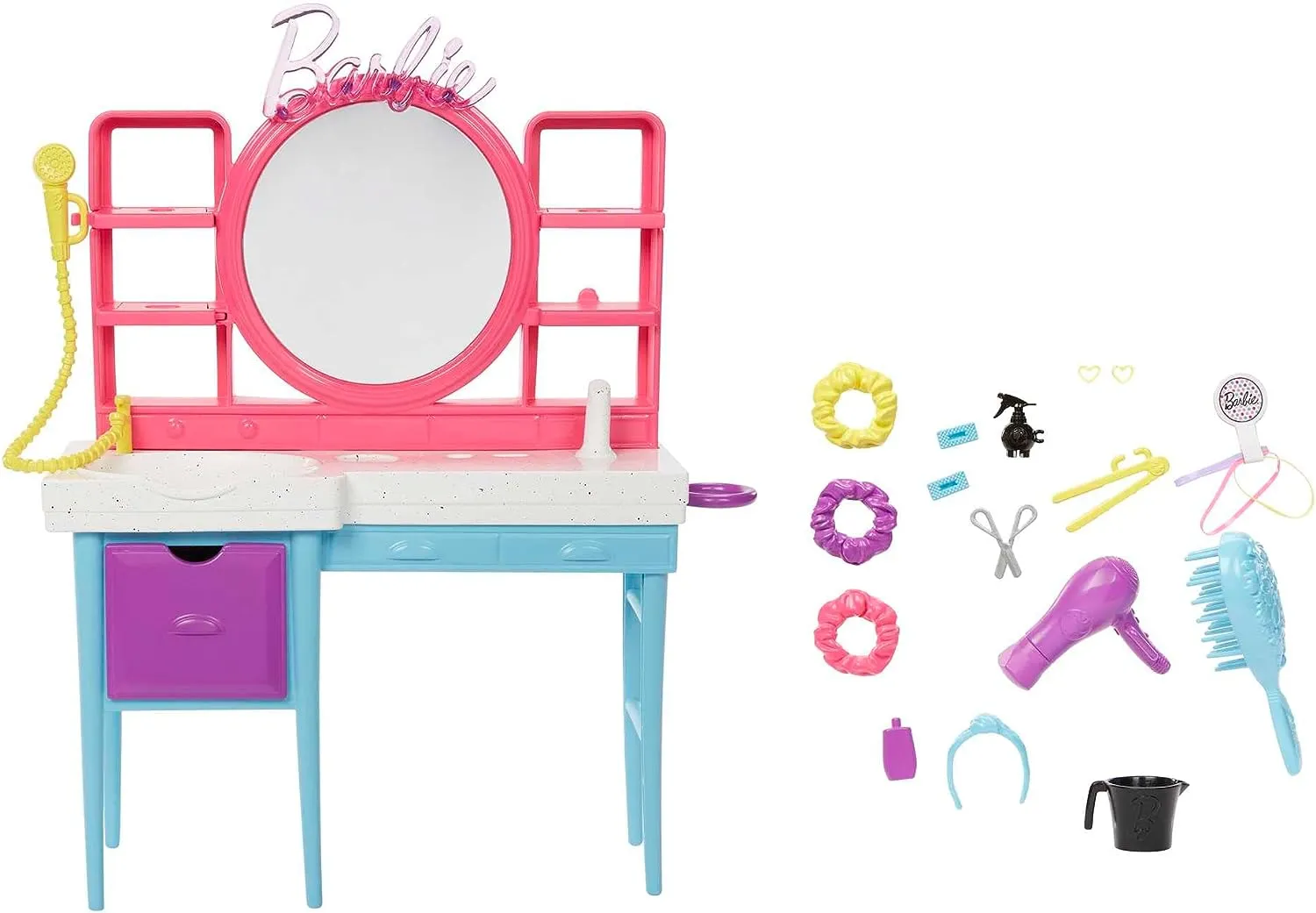 Barbie Toys Barbie Doll and Hair Salon Playset, Long Color-Change Hair, Houndstooth-Print Dress