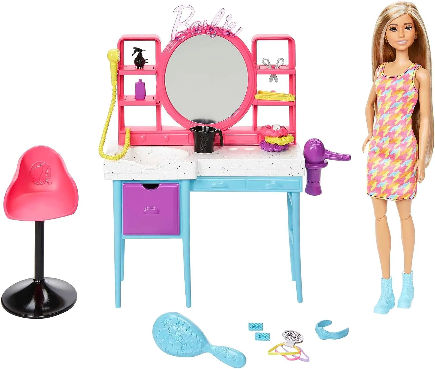 Barbie Toys Barbie Doll and Hair Salon Playset, Long Color-Change Hair, Houndstooth-Print Dress