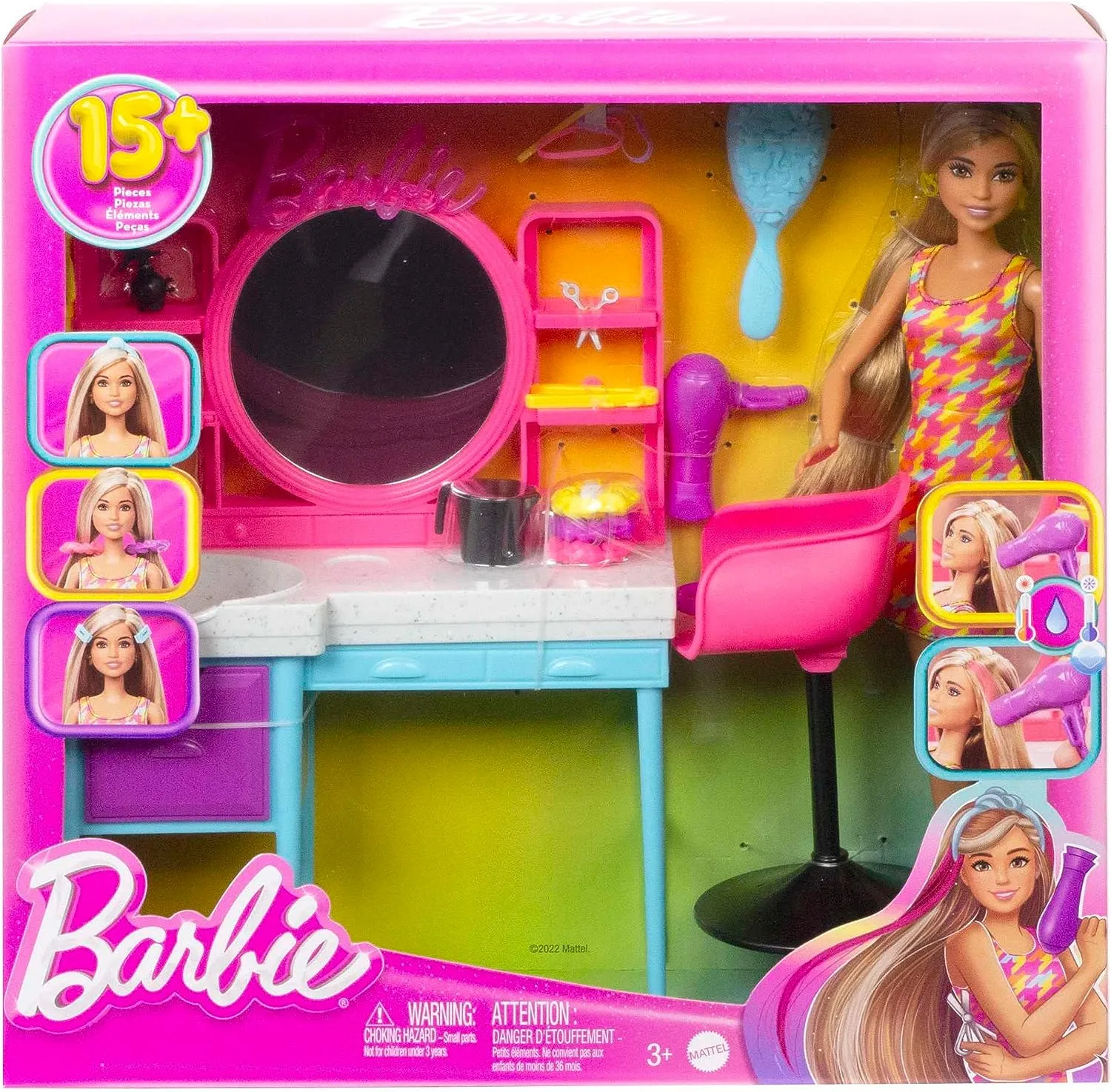 Barbie Toys Barbie Doll and Hair Salon Playset, Long Color-Change Hair, Houndstooth-Print Dress