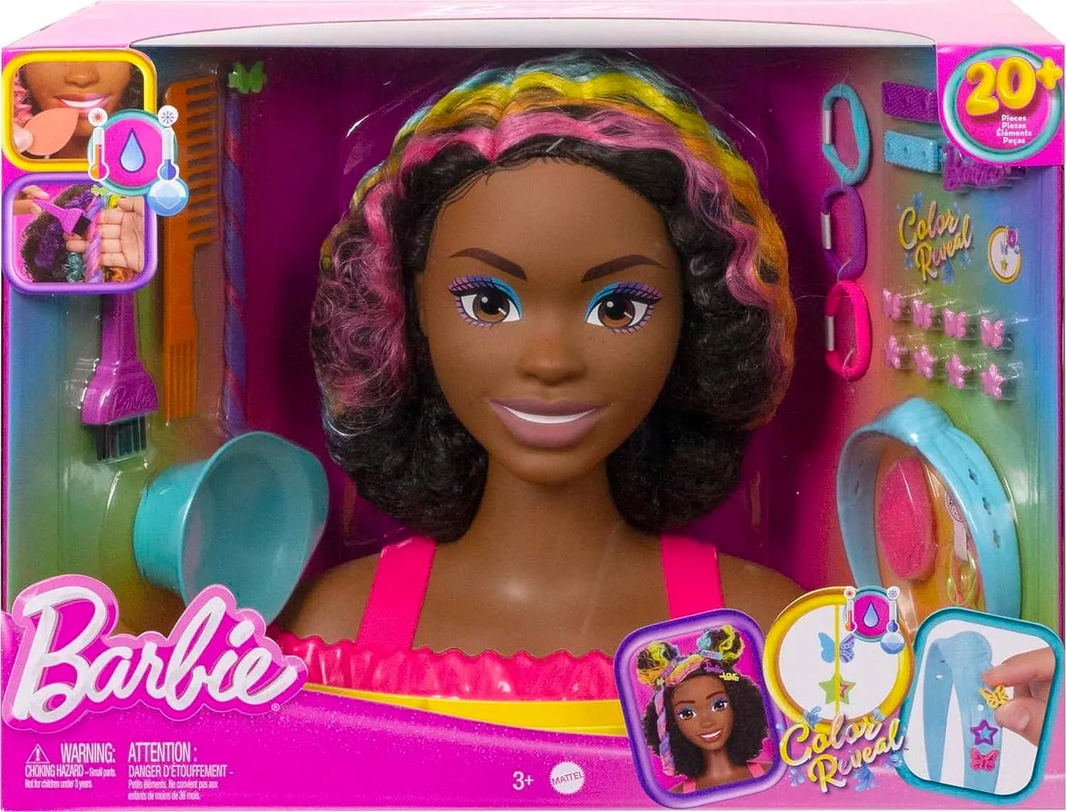Barbie Toys Barbie Doll Deluxe Styling Head with Color Reveal Accessories and Curly Brown Neon Rainbow Hair