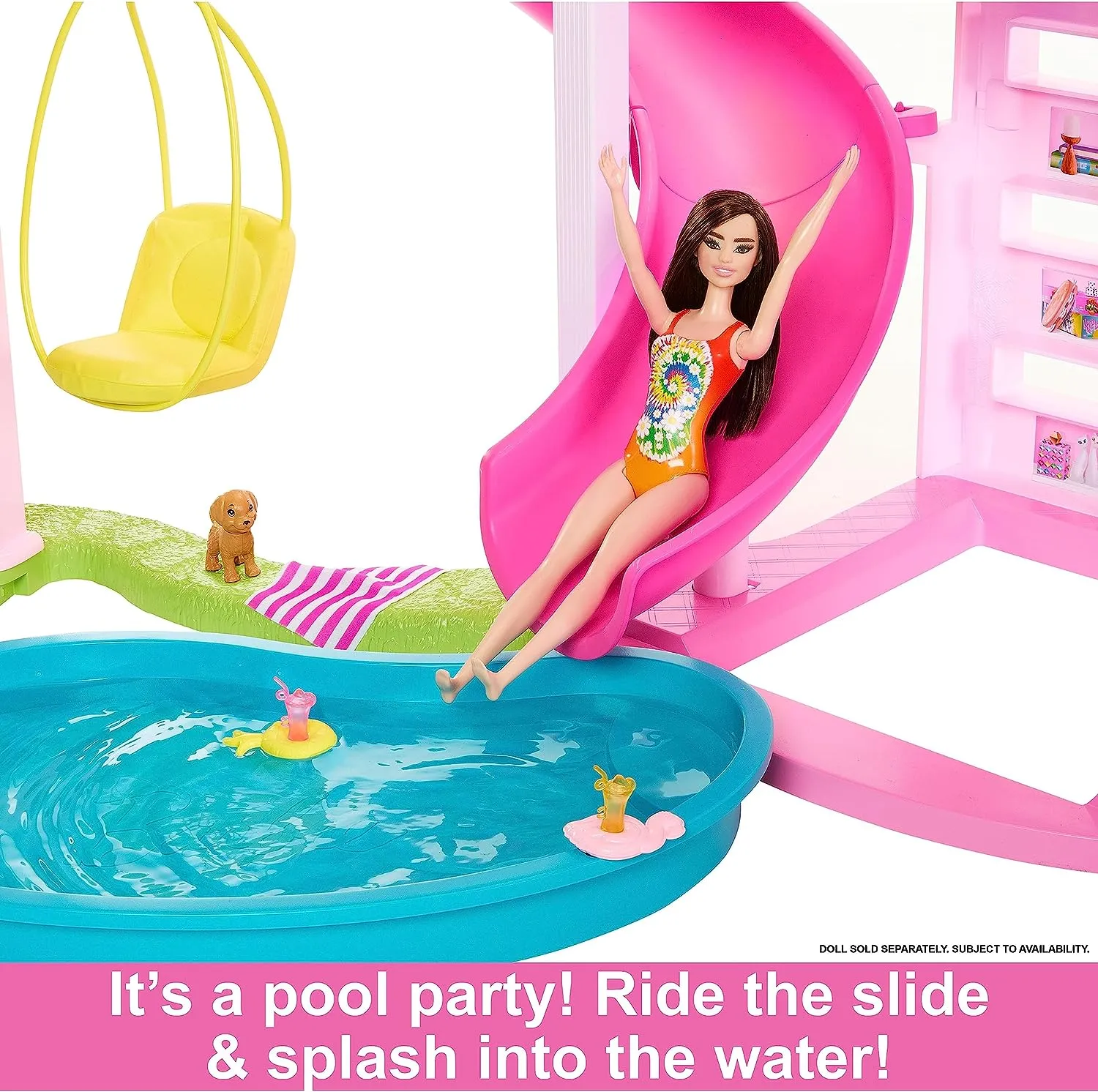 Barbie Toys Barbie Dreamhouse, Pool Party Doll House with 75  Pieces and 3-Story Slide, Elevator, 75 Doll Accessories