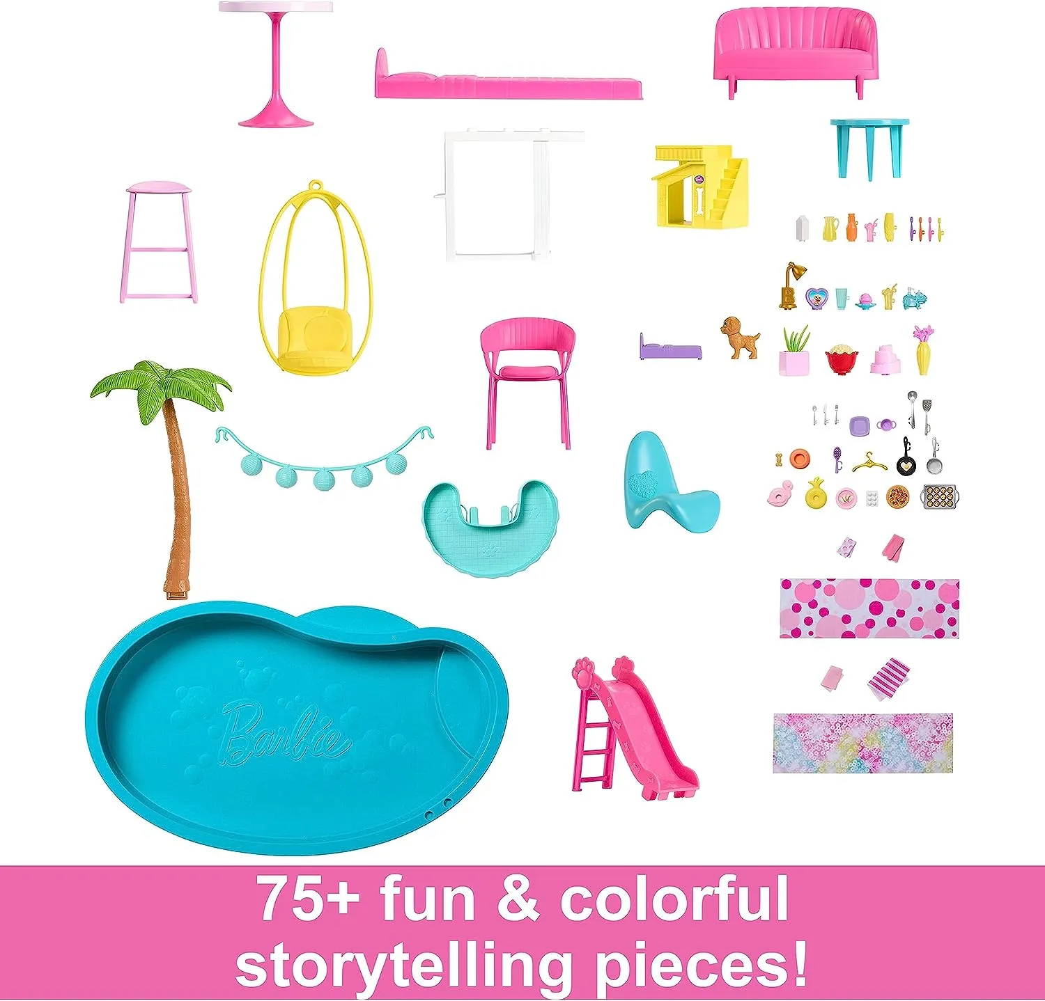 Barbie Toys Barbie Dreamhouse, Pool Party Doll House with 75  Pieces and 3-Story Slide, Elevator, 75 Doll Accessories