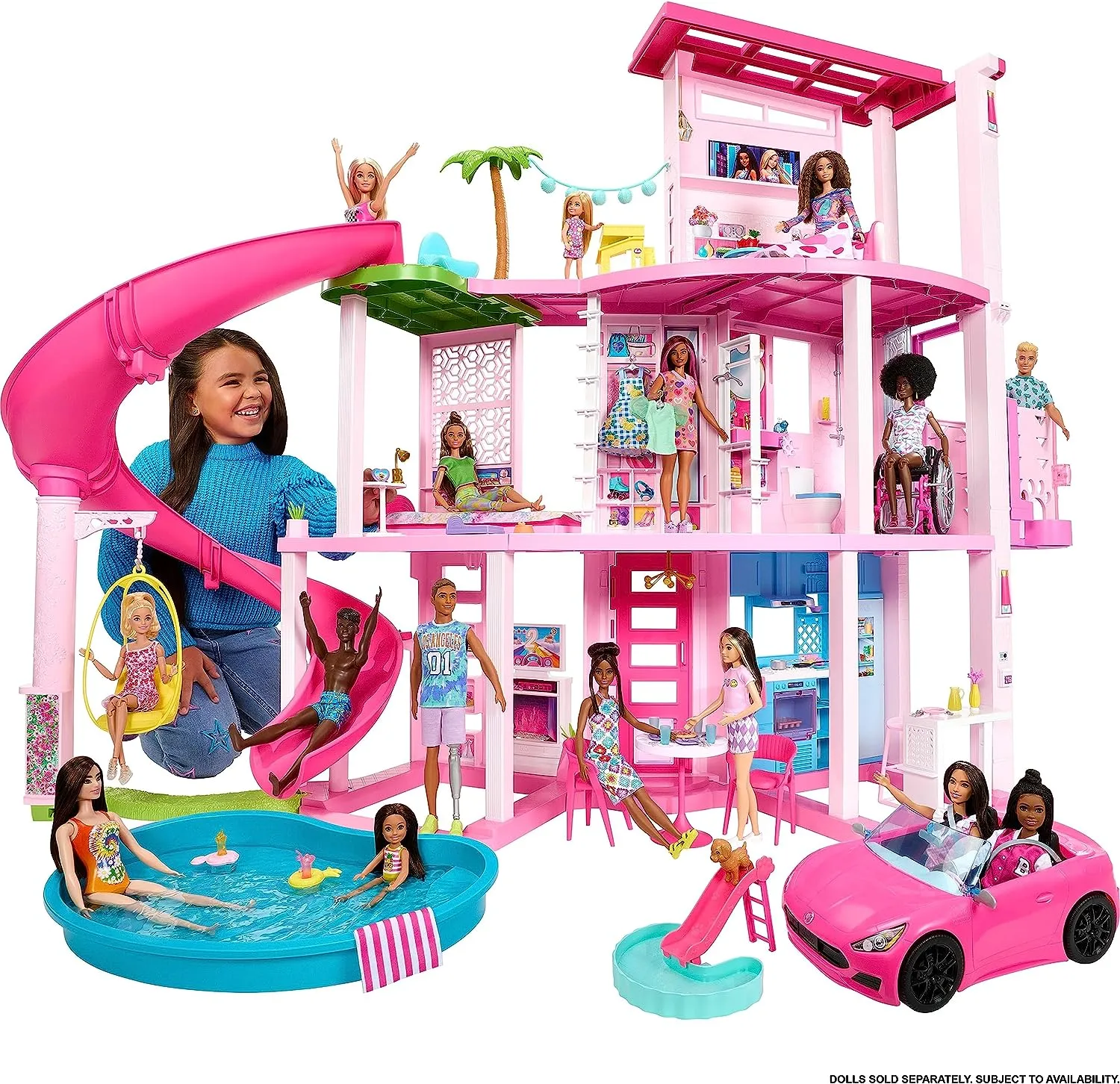 Barbie Toys Barbie Dreamhouse, Pool Party Doll House with 75  Pieces and 3-Story Slide, Elevator, 75 Doll Accessories