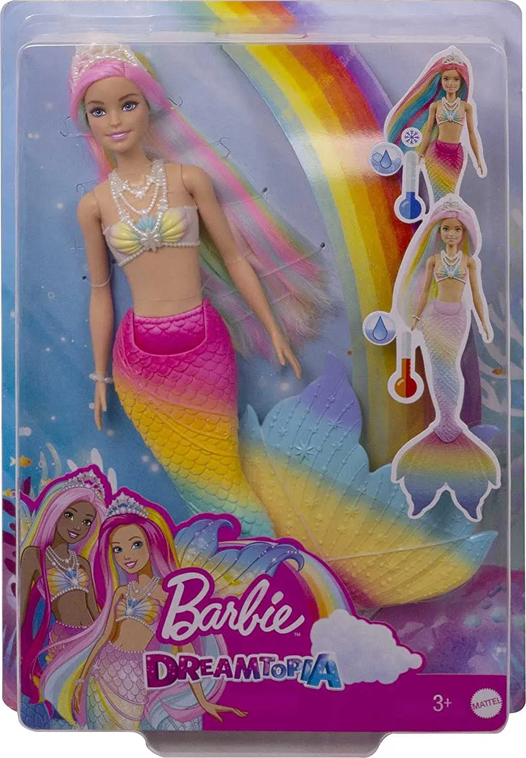 Barbie Toys Barbie Dreamtopia Rainbow Magic Mermaid Doll with Rainbow Hair and Water-Activated Color Change Feature, Gift for 3 to 7 Year Olds