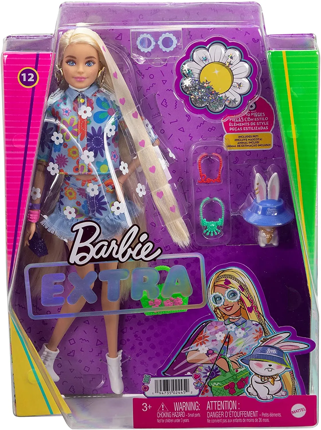 Barbie Toys Barbie Extra Doll #12 in Floral 2-Piece Outfit with Pet Bunny, for 3 Year Olds &