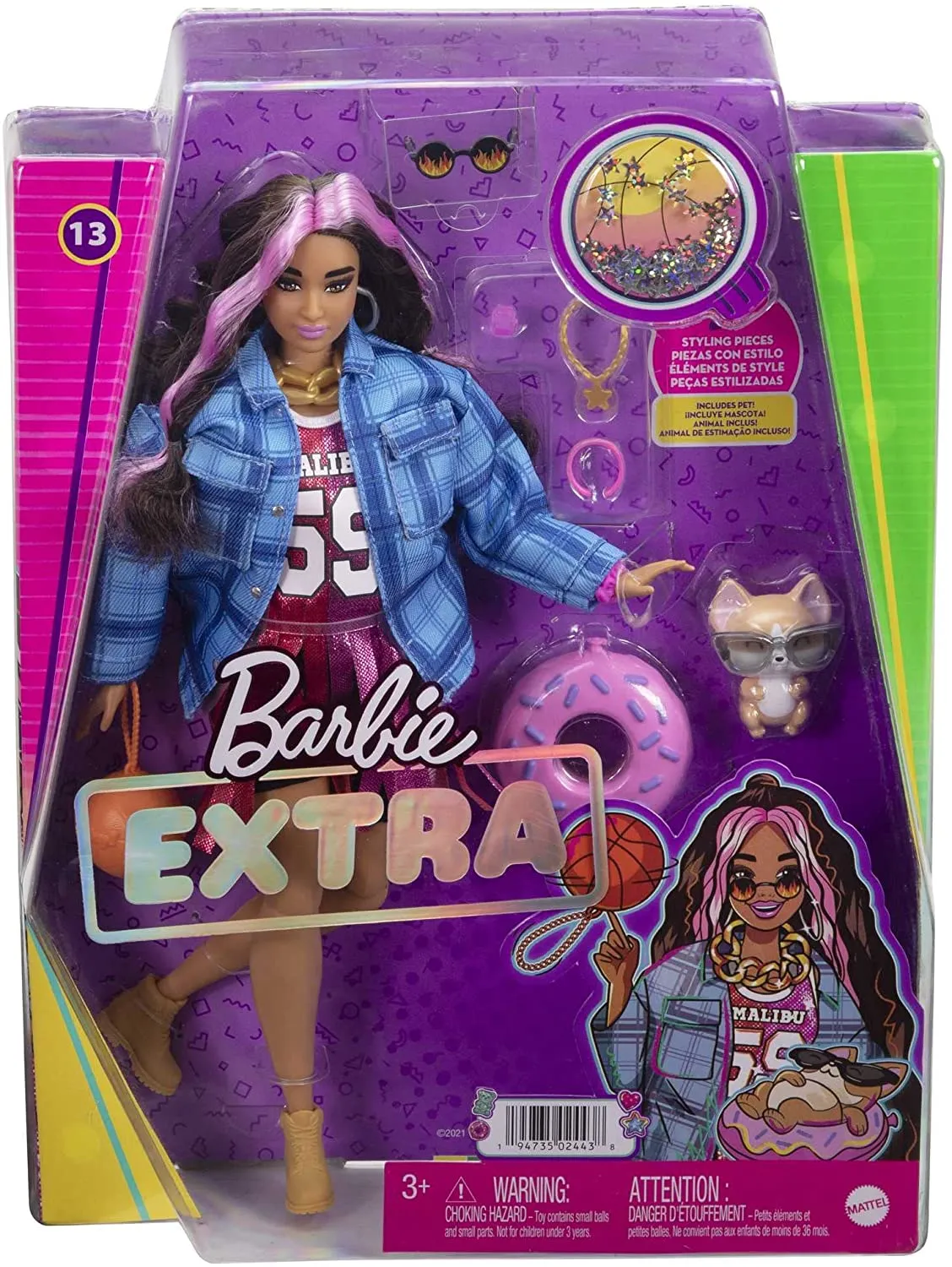 Barbie Toys Barbie Extra Doll #13 in Basketball Jersey & Bike Shorts with Pet Corgi, 3 Year