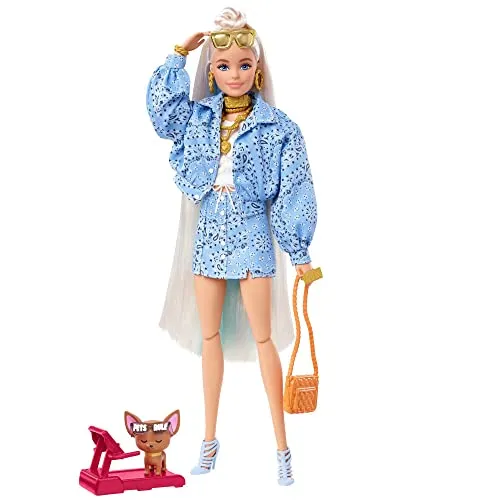 Barbie Toys ?Barbie Extra Doll #16 in Blue Paisley-Print Skirt & Jacket, with Pet Puppy, Extra-Long Hair & Accessories