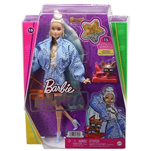 Barbie Toys ?Barbie Extra Doll #16 in Blue Paisley-Print Skirt & Jacket, with Pet Puppy, Extra-Long Hair & Accessories