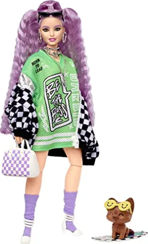 Barbie Toys ?Barbie Extra Doll #18 in Jersey Dress & Oversized Checkered Jacket, with Pet Puppy