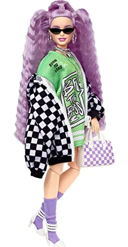Barbie Toys ?Barbie Extra Doll #18 in Jersey Dress & Oversized Checkered Jacket, with Pet Puppy