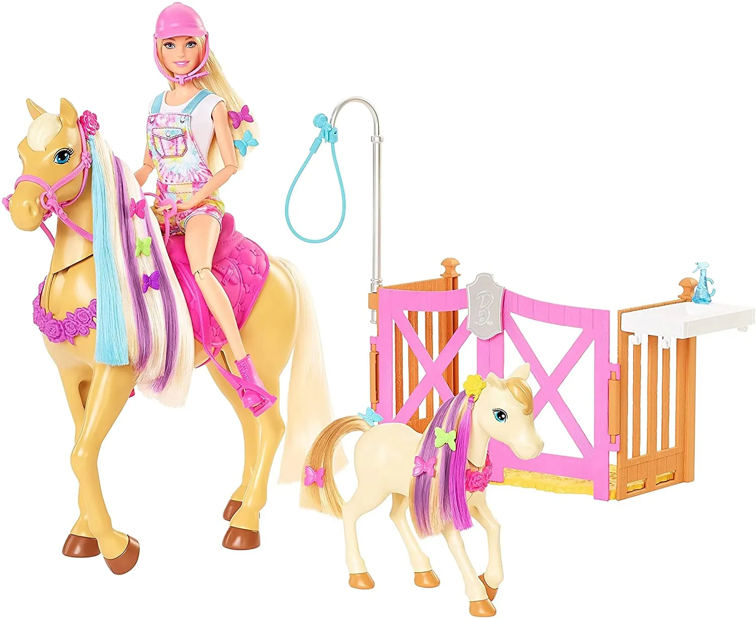Barbie Toys Barbie Groom 'n Care Horses Playset with Barbie Doll (Blonde 11.5-in), 2 Horses & 20  Grooming and Hairstyling Accessories