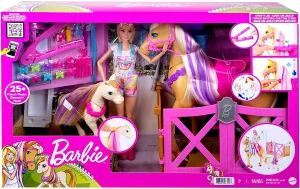 Barbie Toys Barbie Groom 'n Care Horses Playset with Barbie Doll (Blonde 11.5-in), 2 Horses & 20  Grooming and Hairstyling Accessories