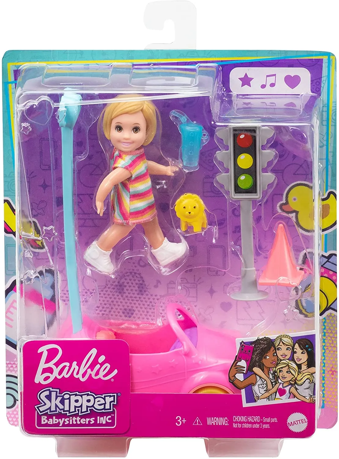 Barbie Toys Barbie GRP17 Skipper Babysitters Inc. Accessories Set with Small Toddler Doll & Toy Car, Plus Traffic Light, Cone, Cup & Lion Toy, Gift for 3 to 7 Year Olds, Multicolor, 18.5 cm*12.73 cm*6.32 cm