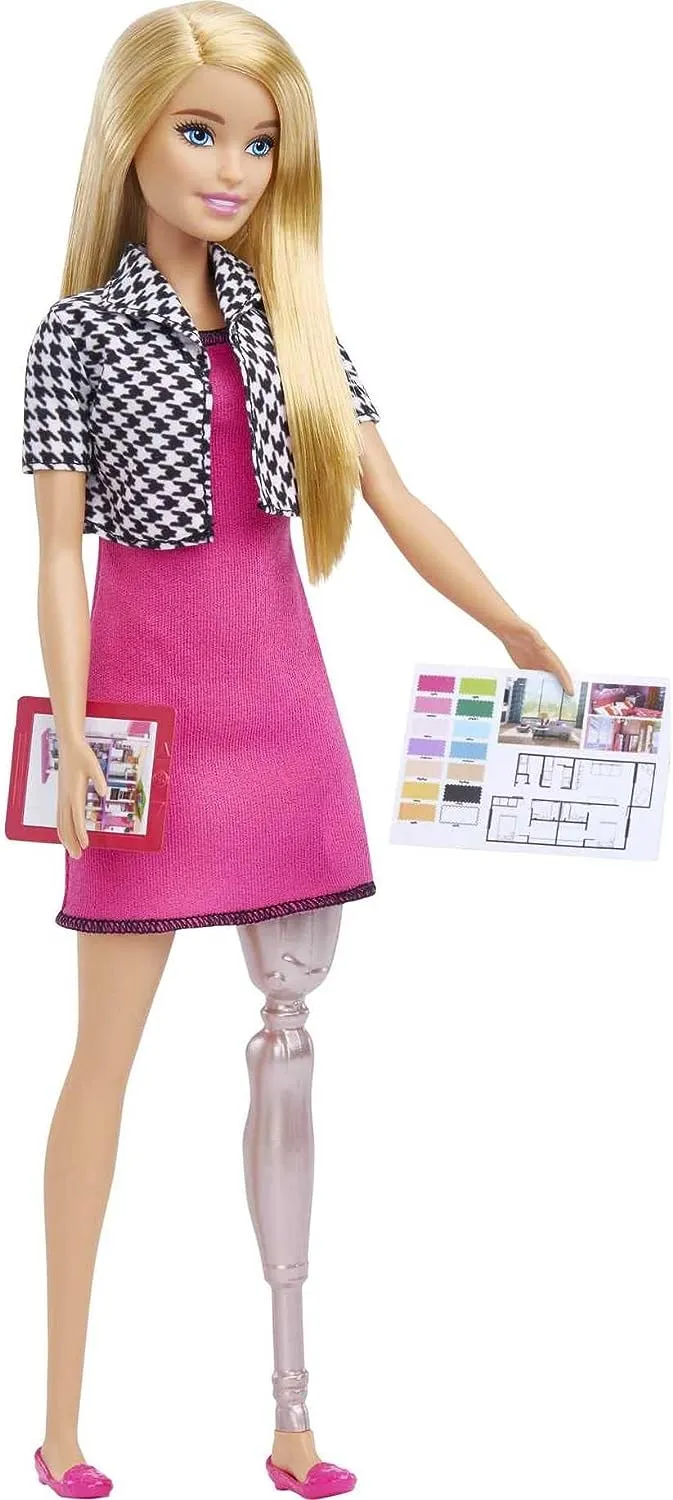 Barbie Toys Barbie Interior Designer Doll, Blonde, Pink Dress & Houndstooth Jacket, Prosthetic Leg