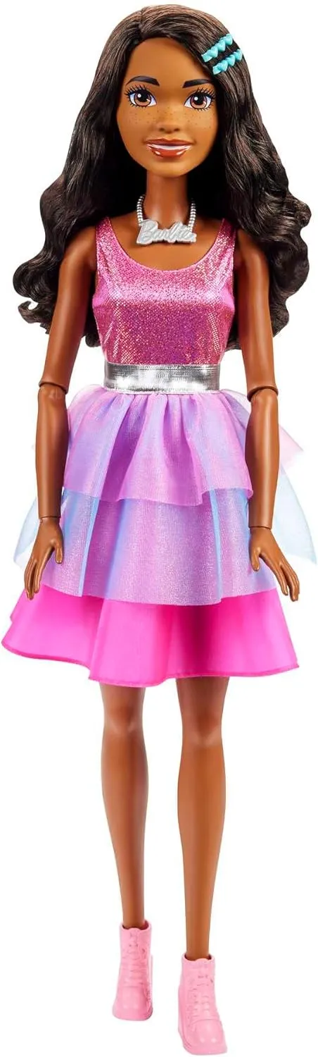 Barbie Toys Barbie Large Barbie Doll with Black Hair, 28 Inches Tall, Shimmery Pink Dress with Necklace and Hair Clip Accessories