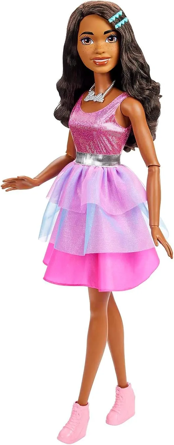 Barbie Toys Barbie Large Barbie Doll with Black Hair, 28 Inches Tall, Shimmery Pink Dress with Necklace and Hair Clip Accessories