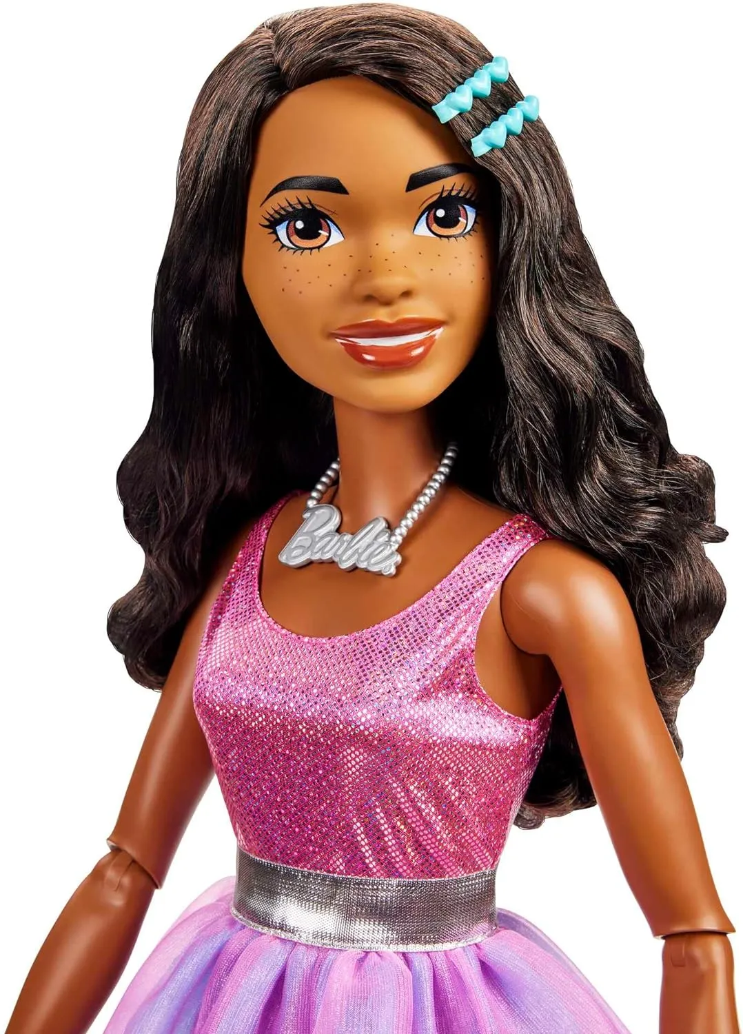 Barbie Toys Barbie Large Barbie Doll with Black Hair, 28 Inches Tall, Shimmery Pink Dress with Necklace and Hair Clip Accessories