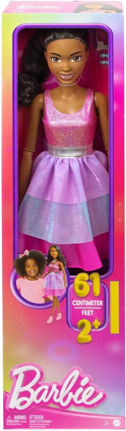 Barbie Toys Barbie Large Barbie Doll with Black Hair, 28 Inches Tall, Shimmery Pink Dress with Necklace and Hair Clip Accessories