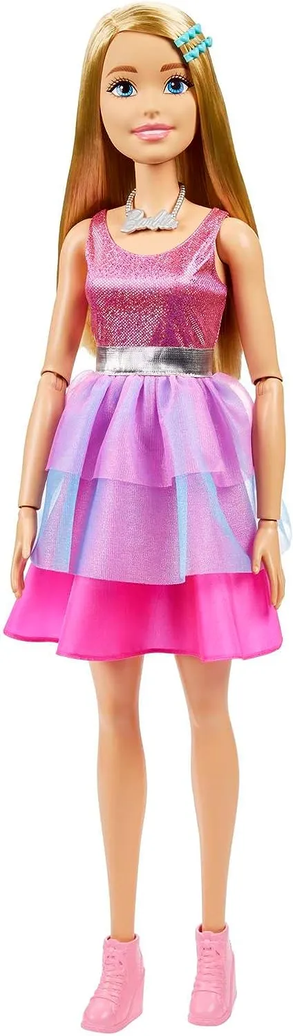 Barbie Toys Barbie Large Barbie Doll with Blond Hair, 28 Inches Tall, Shimmery Pink Dress with Necklace and Hair Clip Accessories