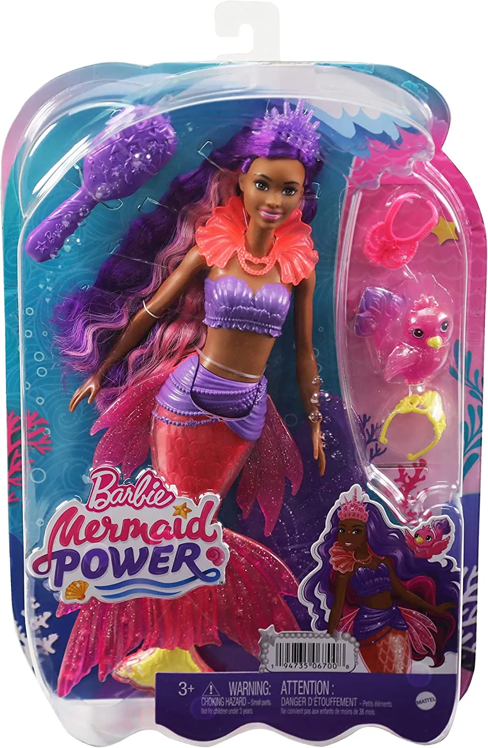Barbie Toys Barbie Mermaid Power Barbie Brooklyn Roberts Mermaid Doll with Pet, Interchang