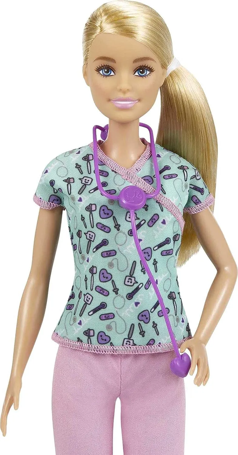 Barbie Toys Barbie Nurse Blonde Doll with Scrubs Featuring a Medical Tool Print Top & Pink Pants, White Shoes & Stethoscope, Gift for Ages 3 Years