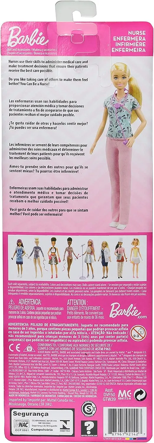 Barbie Toys Barbie Nurse Blonde Doll with Scrubs Featuring a Medical Tool Print Top & Pink Pants, White Shoes & Stethoscope, Gift for Ages 3 Years