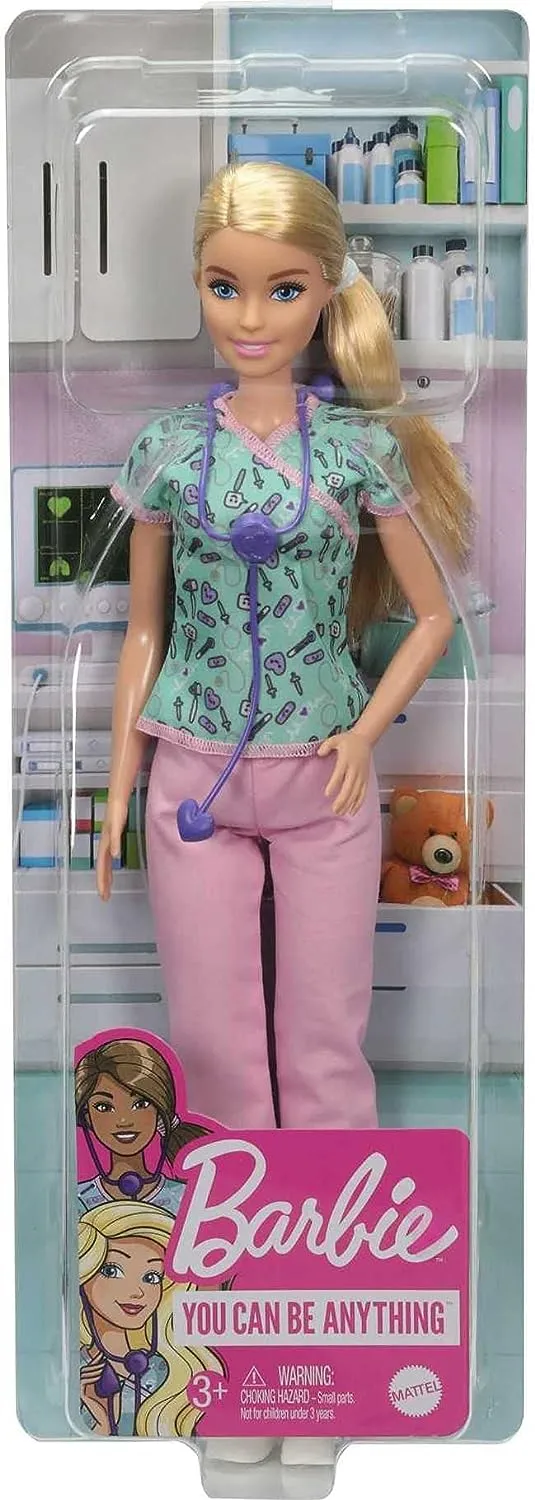 Barbie Toys Barbie Nurse Blonde Doll with Scrubs Featuring a Medical Tool Print Top & Pink Pants, White Shoes & Stethoscope, Gift for Ages 3 Years