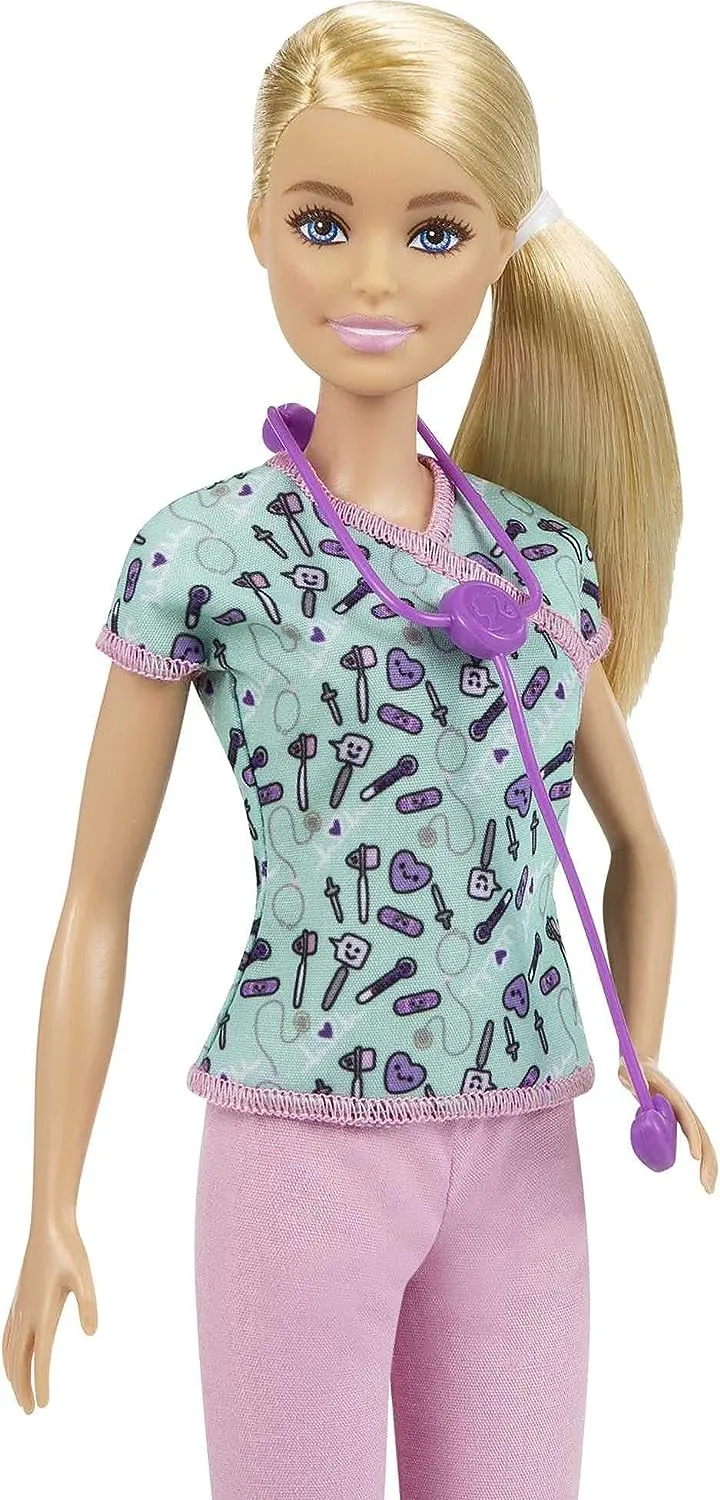 Barbie Toys Barbie Nurse Blonde Doll with Scrubs Featuring a Medical Tool Print Top & Pink Pants, White Shoes & Stethoscope, Gift for Ages 3 Years