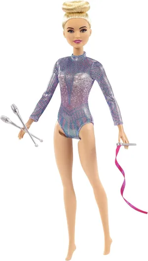 Barbie Toys Barbie Rhythmic Gymnast Blonde Doll (12-in/30.40-cm) with Colorful Metallic Leotard, 2 Clubs & Ribbon Accessory, Great Gift for Ages 3 Years Old & Up
