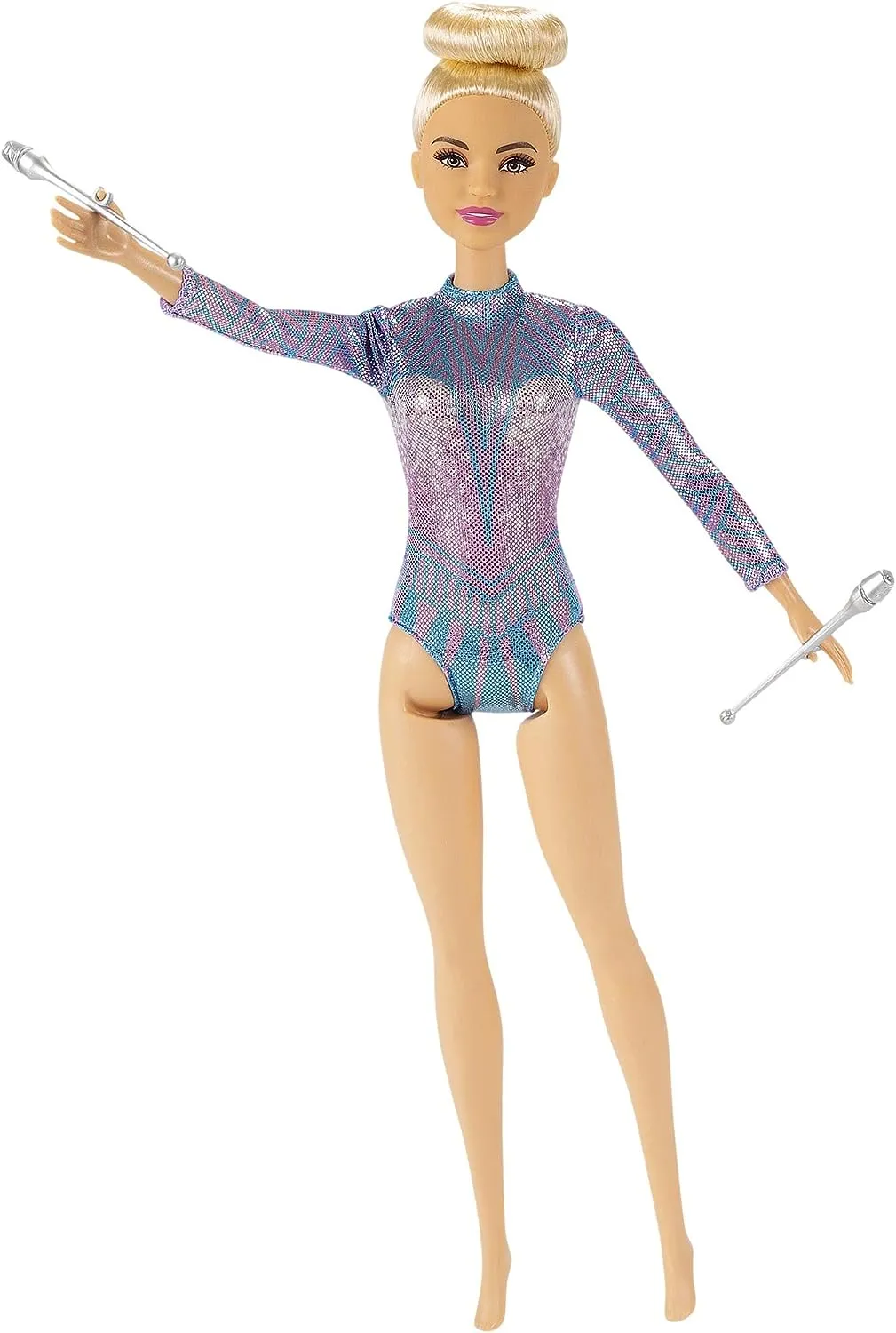 Barbie Toys Barbie Rhythmic Gymnast Blonde Doll (12-in/30.40-cm) with Colorful Metallic Leotard, 2 Clubs & Ribbon Accessory, Great Gift for Ages 3 Years Old & Up
