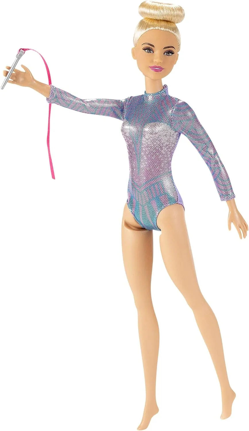 Barbie Toys Barbie Rhythmic Gymnast Blonde Doll (12-in/30.40-cm) with Colorful Metallic Leotard, 2 Clubs & Ribbon Accessory, Great Gift for Ages 3 Years Old & Up
