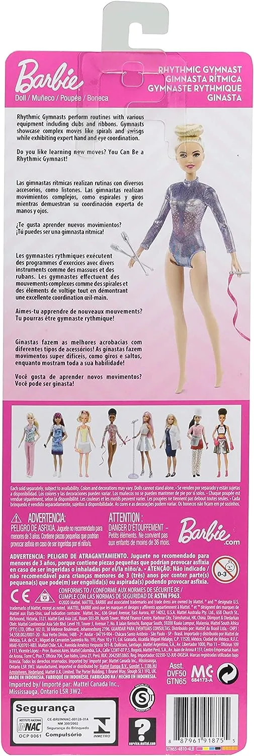 Barbie Toys Barbie Rhythmic Gymnast Blonde Doll (12-in/30.40-cm) with Colorful Metallic Leotard, 2 Clubs & Ribbon Accessory, Great Gift for Ages 3 Years Old & Up